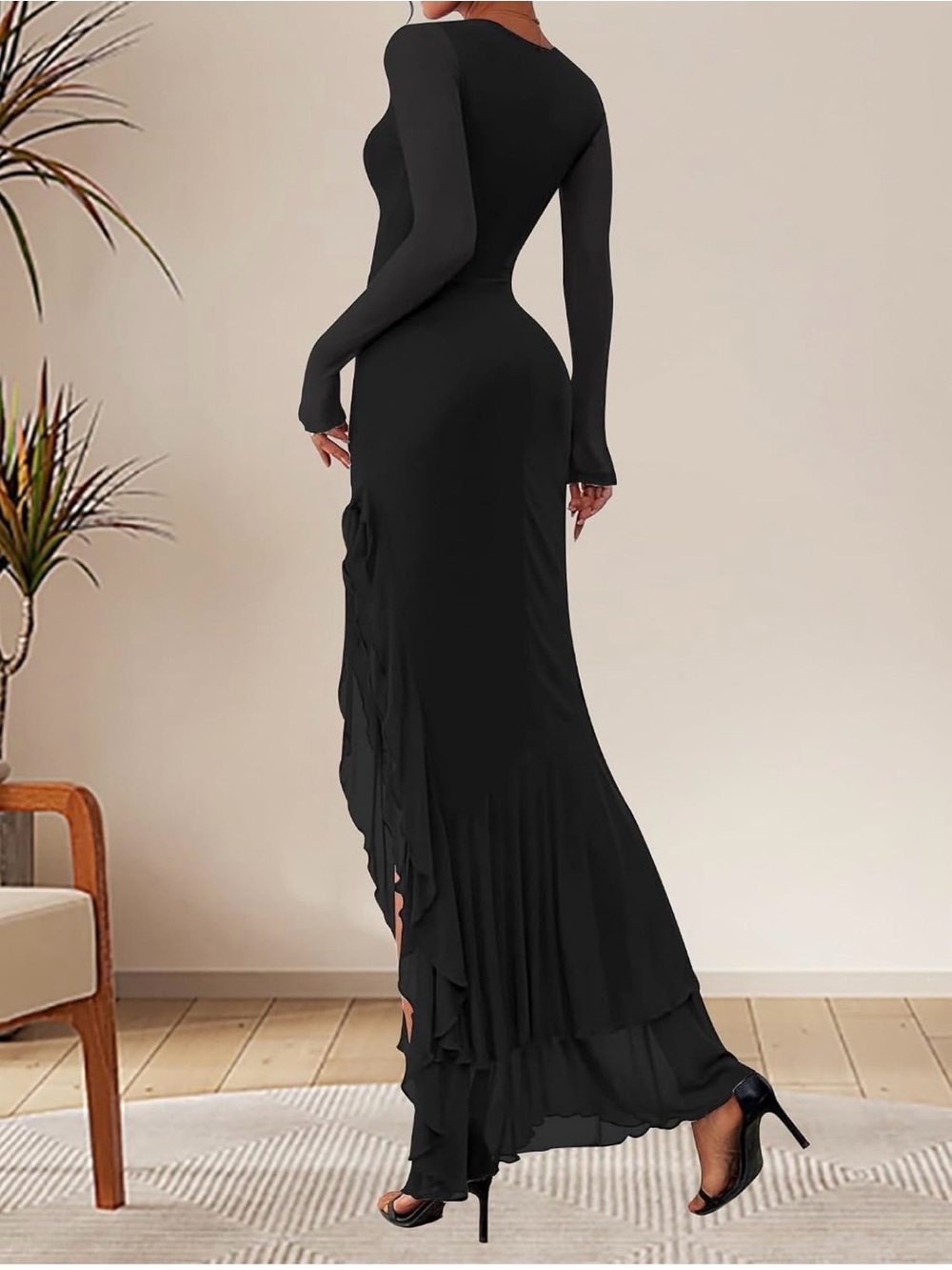 NWOT Black Ruched Mesh Maxi Dress XL Square Neck Long Sleeve Ruffle Slit - Picture 4 of 8